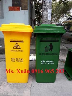 Thùng rác 120 lít 2 bánh xe xanh vàng, Thùng rác y tế 120 lít xanh, vàng có logo y tế