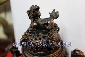 Đỉnh song long chầu nguyệt đốt trầm hương cao 18cm