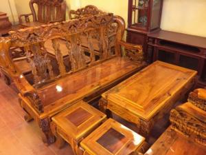 Bộ bàn ghế gỗ tràm, chạm kỳ lân cột 12, 6 món -BBG400