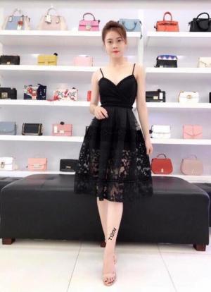Đầm Xoè 2 Dây Phối Ren Kết Hạt