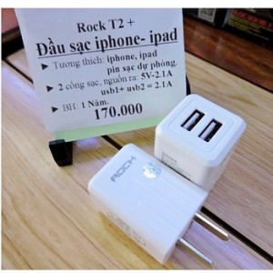 Cóc Sạc Rock T2 GS-50210C, Hỗ trợ 2 cổng USB 2.1A Sạc Nhanh Gấp 2 Lần Sạc Thường
