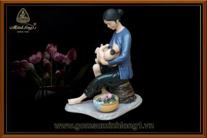 Tượng mẫu tử Nam màu F0013022 gốm sứ Minh Long I