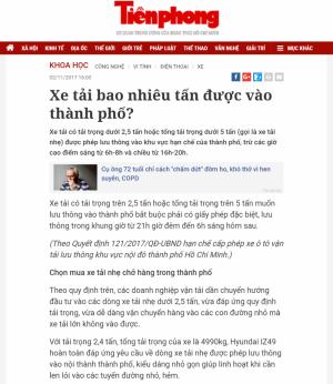 Báo Tiền Phong đưa tin về Partner XeTaiHyundai.com: Xe tải bao nhiêu tấn được vào thành phố?