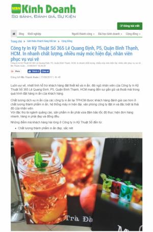 Bài viết tại KinhDoanh.MuaBanNhanh.com: Công ty In Kỹ Thuật Số 365 Lê Quang Định, P5, Quận Bình Thạnh, HCM. In nhanh chất lượng, nhiều máy móc hiện đại, nhân viên phục vụ vui vẻ