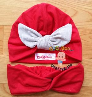 Set Turban Cho Bé Gái Màu Đỏ Kiểu Thỏ Và Nơ