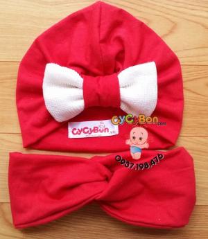 Set Turban Cho Bé Gái Màu Đỏ Kiểu Thỏ Và Nơ