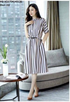 Đầm Thun Mỹ Viền Sọc Tay Lỡ
