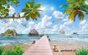 Tranh 3d phong cảnh cây dừa bãi biển
