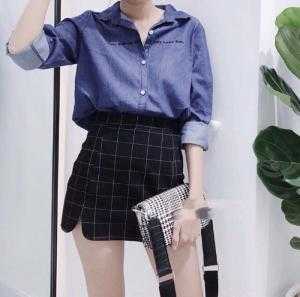 Set chân váy kẻ ô & somi denim