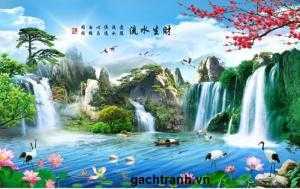 Gạch tranh phong cảnh thác nước cành đào