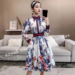 đầm xòe in hoa phối dây gucci