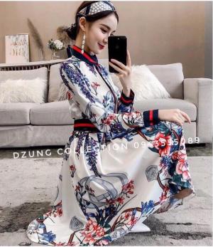 đầm xòe in hoa phối dây gucci