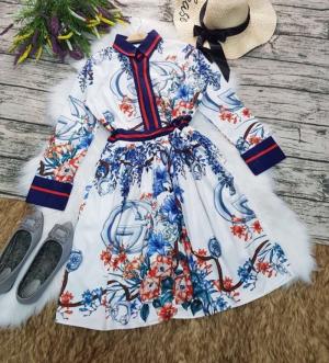 đầm xòe in hoa phối dây gucci