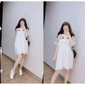 Đầm babydoll form rộng vai thêu hoa pha ren kiểu suông VNXK