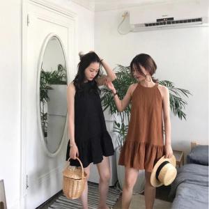 Đầm suông vải đũi chân xếp ly cổ yếm thời trang cao cấp