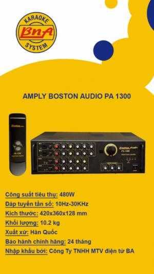 Amply Boston Audio PA-1300
• Hãng sản xuất: Boston
• Xuất xứ: Hàn Quốc
• Bảo hành: 24 tháng
• Điện áp: AC 110V/220V 50Hz
• Công suất tiêu thụ: 480Watt
• Công suất ra (1KHz): 240Watt