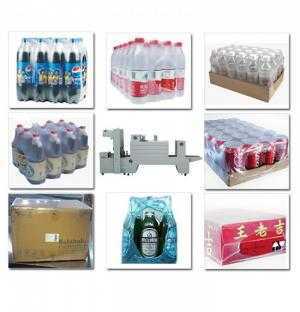 Máy cắt dán và co màng lốc chai bán tự động