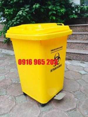 Thùng rác đạp chân y tế 60 lít nhựa hdpe, thùng rác đạp chân 60L xanh vàng trắng có logo