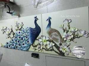 Tranh phù điêu chim công uyên ương xanh
