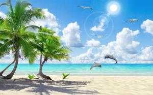 tranh phong cảnh bờ biển cây dừa- gạch tranh 3d