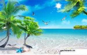 tranh phong cảnh bờ biển cây dừa- gạch tranh 3d