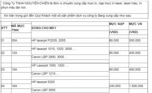 BẢNG BÁO GIÁ MỰC IN
