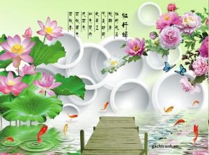 Tranh gạch 3d phong thủy cá chép - hoa sen