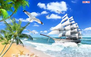 Tranh gạch 3d phong thủy thuận thuận buồm