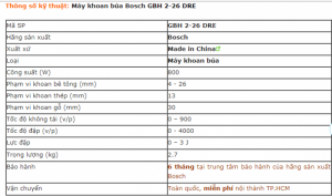 Giá Máy khoan bê tong Bosch GBH 2-26DRE, máy khoan cầm tay khoan gạch, khoan théo, khoan gỗ