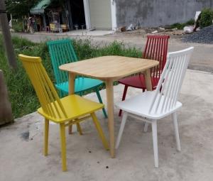 Bàn ghế chân trụ mặt gỗ dày