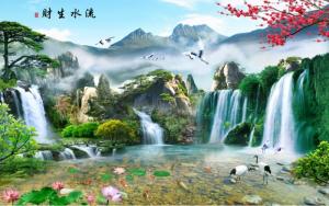 mẫu tranh 3d phong thủy thác nước cành đào