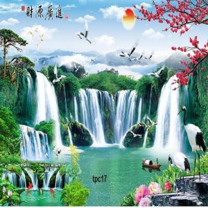 mẫu tranh 3d phong thủy thác nước cành đào