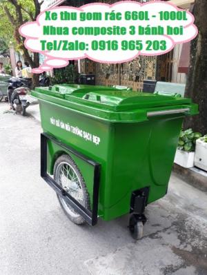 Xe thu gom rác đẩy tay 660 lít 3 bánh hơi