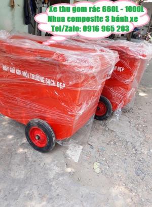 Xe rác màu cam 660L 3 bánh đúc đặc
