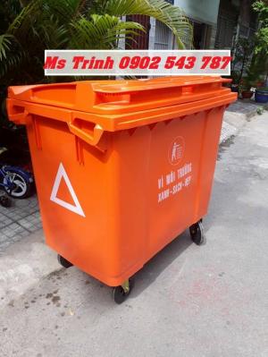 Xe kéo rác  660 lít 3 bánh xe màu xanh, xe thu gom rác 4 bánh xe nhựa HDPE, xe đẩy rác 660 lít 3 bánh hơi