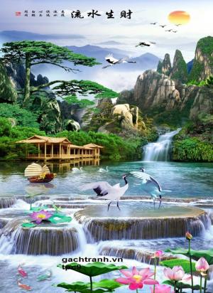 Tranh gạch thác nước hoa sen khổ dọc