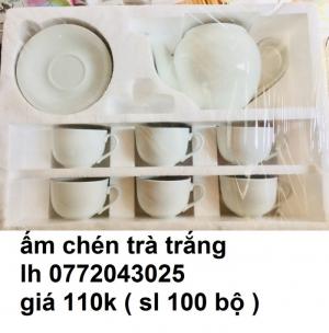 ấm chén trà trắng in logo quảng cáo giá rẽ