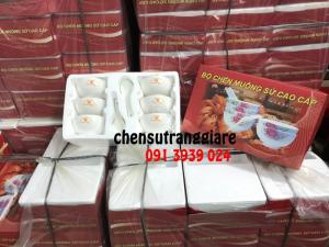 Bộ 6 chén sứ trắng + 6 muỗng in logo, địa chỉ in chén sứ quà tặng giá rẻ
