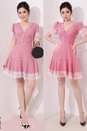 Đầm xòe caro viền ren (DX6663)
