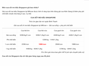 BẢNG GIÁ CUA SỐT ME KIỂU SINGAPORE | Thức ăn giao tận nơi quận Bình Thạnh | Giá cua sốt ớt me kiểu Singapore tại MKnow = Giá cua sống + phụ phí chế biến