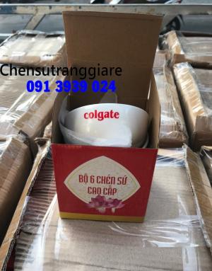 Chén sứ trắng rẻ làm quà tặng tết, chén sứ trắng in logo colgate
