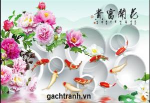 Tranh phong cảnh 3d- cá chép hoa mẫu đơn