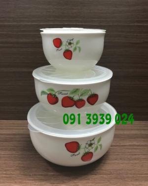 Quà tặng quảng cáo, bộ thố sứ 3 cái hình trái dâu, bộ thố sứ trái dâu in logo theo yêu cầu
