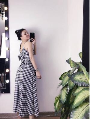 Đầm maxi caro 2 dây thắt nơ lưng (DX6463)
