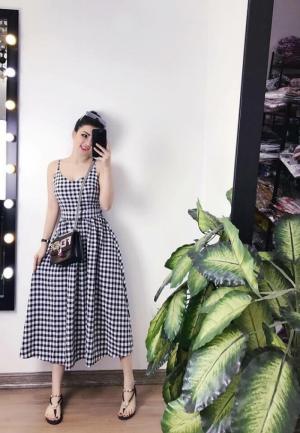 Đầm maxi caro 2 dây thắt nơ lưng (DX6463)