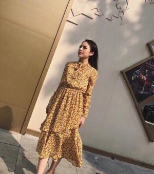 Đầm maxi hoa nhí tay dài thắt nơ (DX6455)