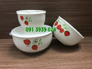 Bộ 3 thố dâu - bộ 3 thố dâu in logo, bộ 3 thô sứ trắng in logo