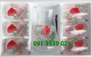 Bộ bình ly thủy tinh có hoa văn in logo làm quà tặng tết cho khách hàng