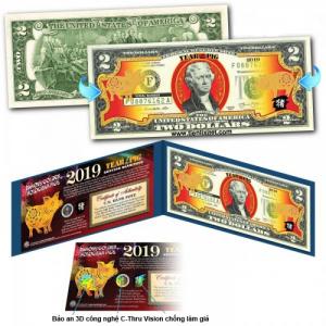 Tiền 2 USD Hình Con Heo Mạ Vàng 2019 Mỹ lì xì tết