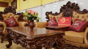 Bộ sofa bọc da bò nhập khẩu gỗ tốt